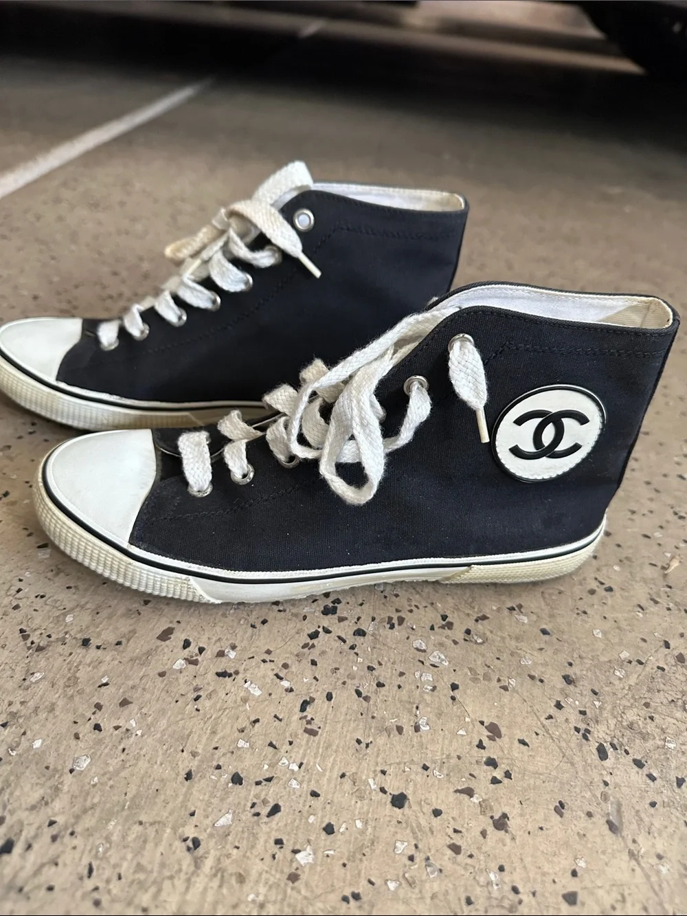 CHANEL Black and White  High-Top Canvas Sneakers Authentic